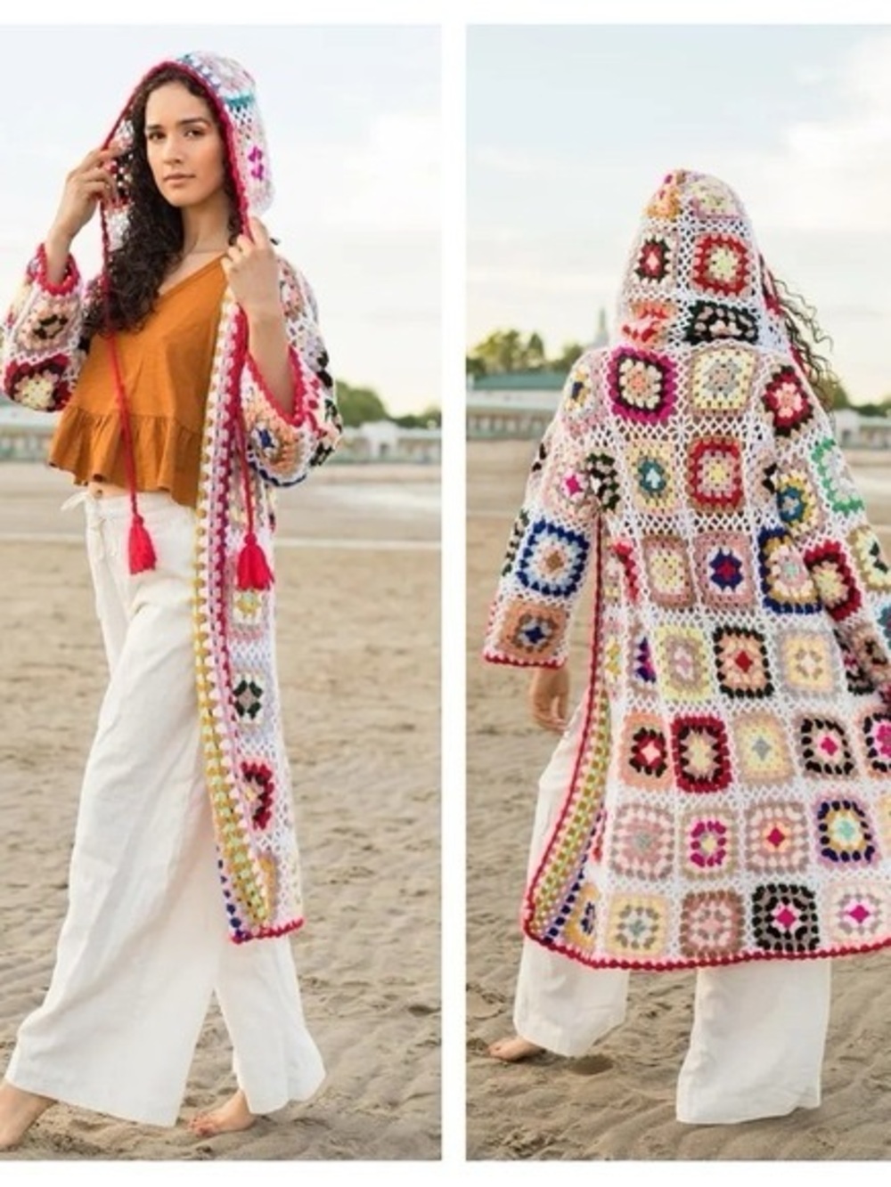 SAACHI Granny Hooded Square Crochet Ruana kimono cardigan One Size